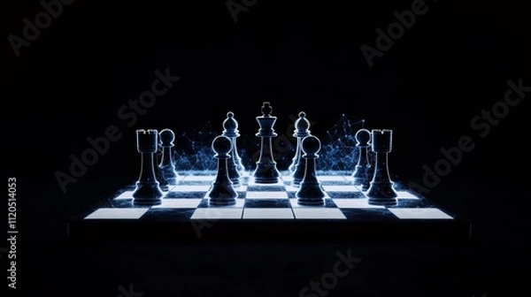 Obraz Futuristic Chessboard with Glowing Digital Chess Pieces in Dark Background