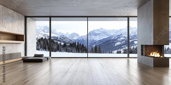 Fototapeta Minimalist interior with mountain view and fireplace
