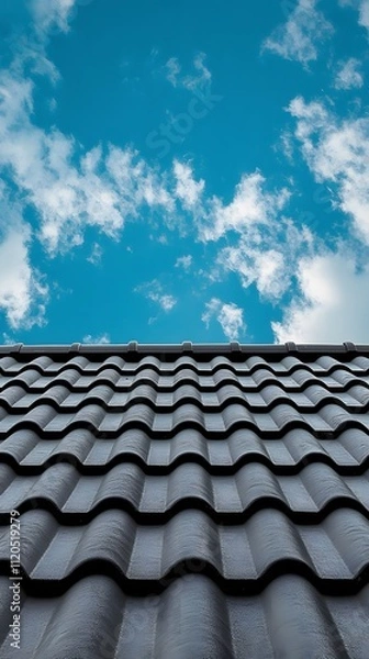 Obraz Image of an old gray shingled roof with a clear blue sky in the background