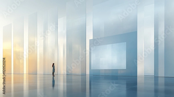 Fototapeta Minimalist abstract architectural interior with a futuristic glass and metal corridor with clean lines and soft reflections