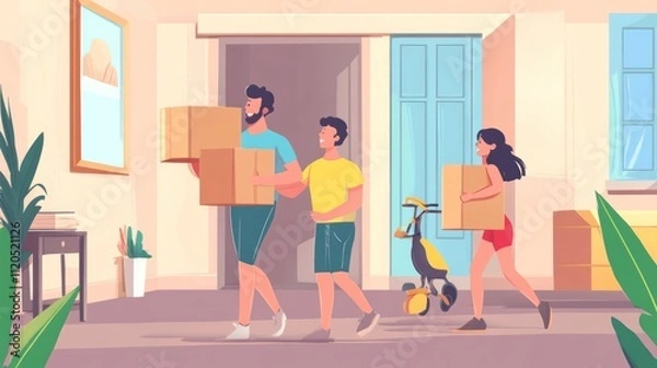 Fototapeta Happy family moving into new home, carrying boxes.