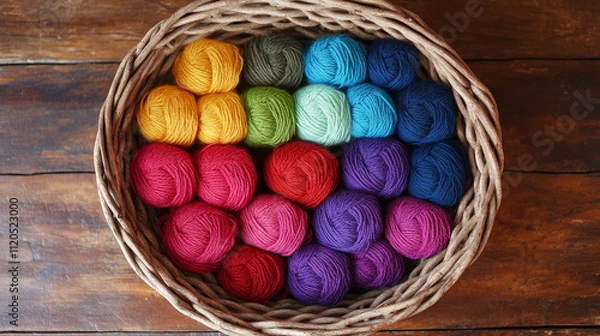 Fototapeta Vibrant Threads: Colorful Clews in Wicker Basket on Wooden Table