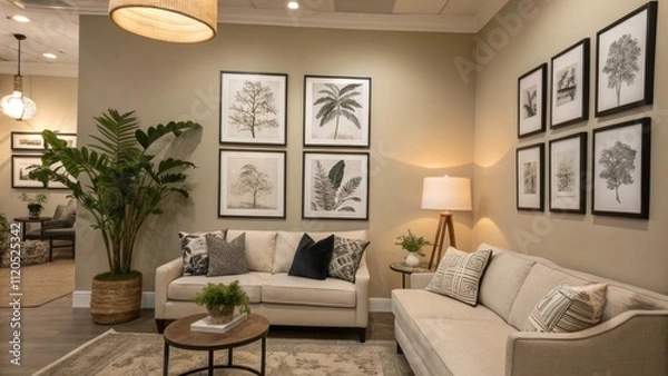 Fototapeta A gallery wall featuring monochromatic prints and framed artworks that evoke a sense of calm within a softtoned living area.