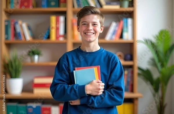 Fototapeta Young man student looking at the camera and holding books in library.