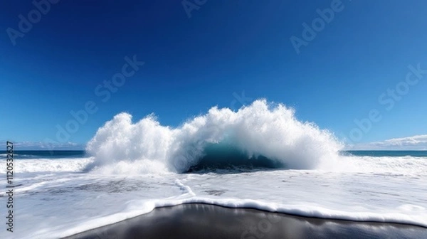 Fototapeta A powerful wave crashing onto a sandy beach under a clear blue sky.