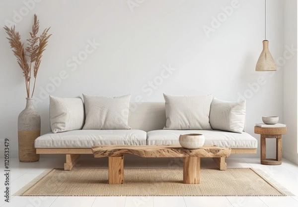 Fototapeta Minimalist living room with a light beige sofa. wooden coffee table. and a jute rug