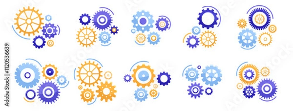 Obraz Various blue and orange interlocking gears on a white background, representing teamwork, mechanics, and collaboration. Vector illustration