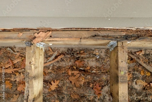 Fototapeta Deck Ledger Board Incorrectly Installed over Wood Siding has led to Extensive Dry Rot and Damage