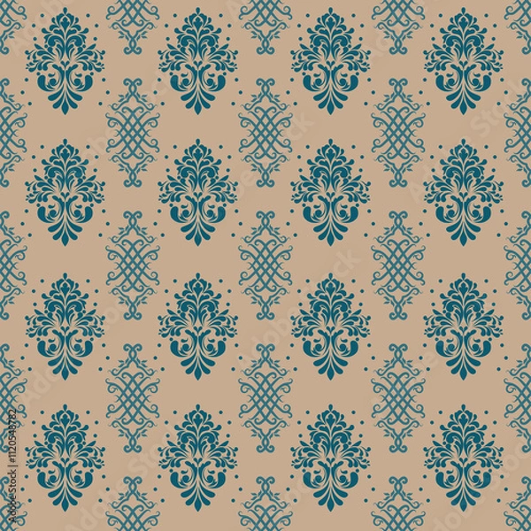Fototapeta Elegant damask pattern in teal on soft peach background, perfect for textiles and wallpapers