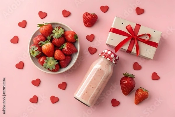 Fototapeta A Vibrant Strawberry Smoothie Paired With a Wrapped Gift and Heart Accents on a Pink Background, Perfect for Valentine’s Marketing