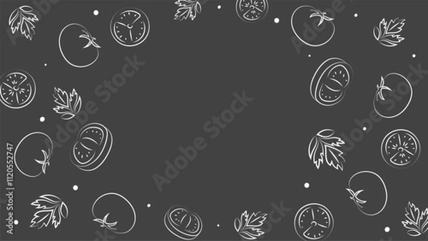 Fototapeta Vector illustration. Juicy summer background with copy space for text. Pattern of halves, slices and leaves of tomatoes. Sketch style. Hand drawn kitchen ingredients pattern for culinary themes.