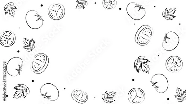 Fototapeta Vector illustration. Juicy summer background with copy space for text. Pattern of halves, slices and leaves of tomatoes. Sketch style. Hand drawn kitchen ingredients pattern for culinary themes.