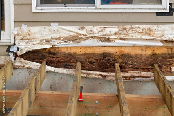 Fototapeta Removed Deck Ledger Board Reveals Dry Rotten Rim Joist Board with Extensive Damage on House