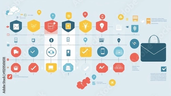 Fototapeta Workflow process chart showing stages of project management with icons.