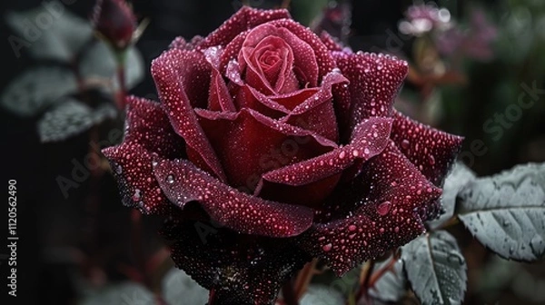 Fototapeta A close-up of a dew-covered red rose, showcasing its beauty and intricate details.