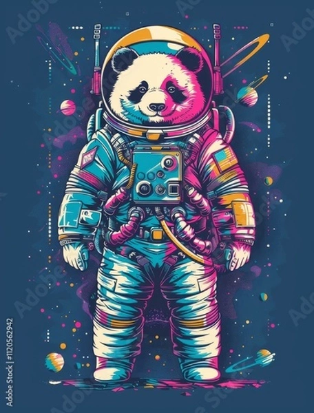 Fototapeta T-shirt design with panda bear astronaut in an astronaut costume. Colorful print design of bear astronaut in cartoon style on dark background. AI generated illustration