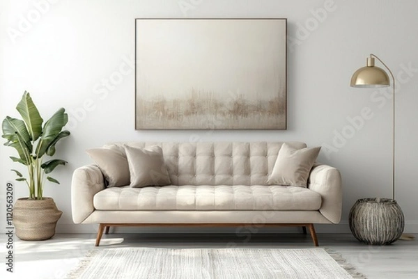 Fototapeta Sophisticated living room mockup with a neutral palette, plush sofa, and artwork against a clean white wall