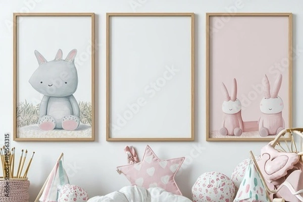 Fototapeta Three vertical frames displayed on the wall in a girl's room, ideal for showcasing nursery and kids room art