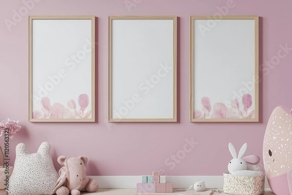 Fototapeta Three vertical frames displayed on the wall in a girl's room, ideal for showcasing nursery and kids room art