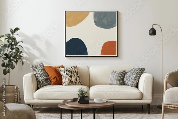 Fototapeta Stylish frame mockup featuring wall art in a comfortable living room, perfect for showcasing decor ideas in 3D