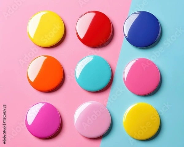 Fototapeta Stylish blank button badge mockup set against a colorful background for promotions