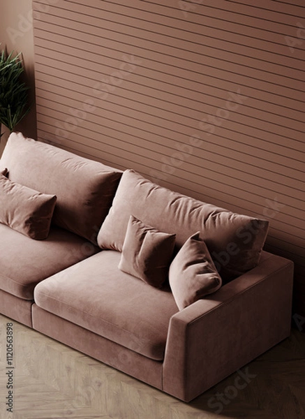 Obraz Cozy sofa and wall in trend 2025 year - color mocha mousse. Warm brown chocolate palette tones. Living room or lounge interior. 3d render