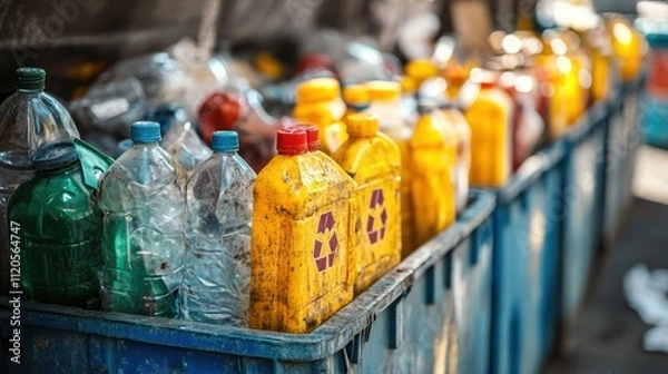 Fototapeta Colorful Plastic Bottles in Recycling Bins Under Natural Light at Urban Setting with Clear Background