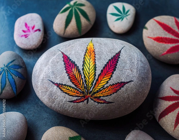 Fototapeta Smooth stones painted with colorful cannabis  leaf designs, featuring a prominent multicolored leaf pattern on a central large stone surrounded by smaller, similarly decorated stones.