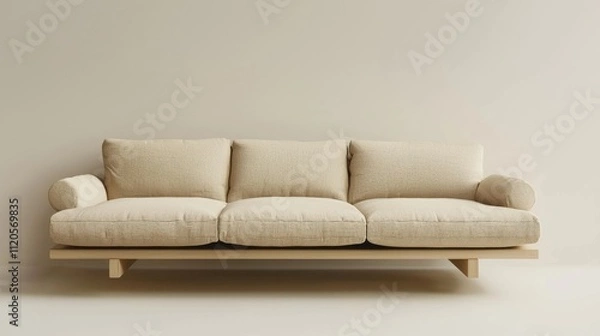 Obraz A modern, minimalist beige sofa with plush cushions against a neutral wall.