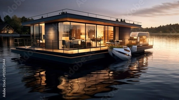 Fototapeta Luxury floating house with illuminated interior at dusk,