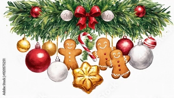 Fototapeta Painting of gingerbread cookies and colorful Christmas balls