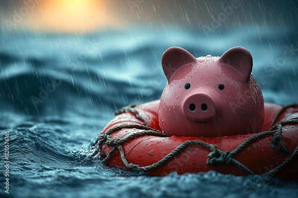 Fototapeta A pink piggy bank resting on a life raft in a stormy sea, with rays of sunlight breaking through the clouds, symbolizing savings through tough times, financial concept.