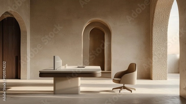 Fototapeta A minimalist office space featuring a sleek desk and ergonomic chair in a serene environment.
