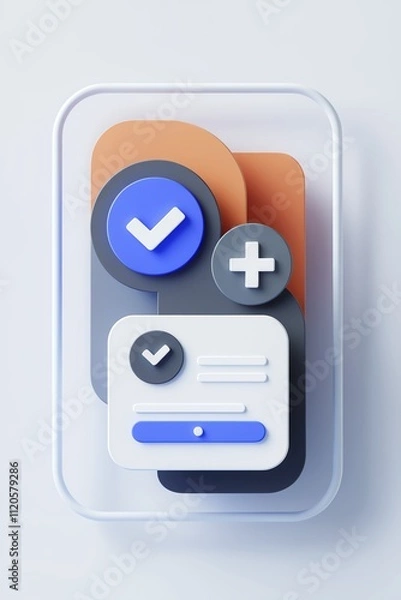 Obraz Abstract technology interface with check marks and plus sign on a gradient background.