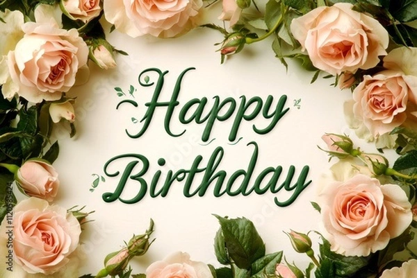 Obraz Elegant Floral Birthday Celebration with Soft Pink Roses Framing a Joyful Greeting of 'Happy Birthday' in Elegant Script for Special Occasions and Greetings