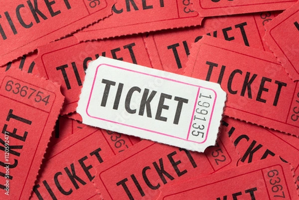 Fototapeta Single white vintage admission ticket among red tickets