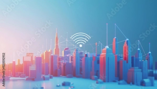 Obraz Digital cityscape with network nodes symbolizes smart city connectivity.