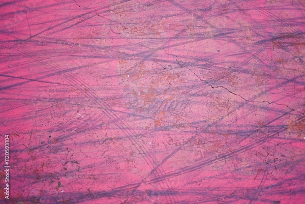 Fototapeta Close up surface red floor with bicycle tire marks textured background