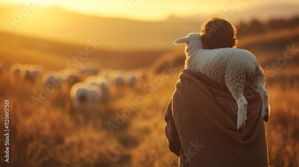 Fototapeta Shepherd carrying a lamb on his shoulders, flock in the distance generative ai