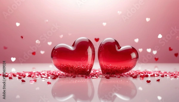 Fototapeta A romantic scene featuring two red, glossy hearts made of glass, resting on a surface with smaller hearts scattered around. Happy Valentine's Day
