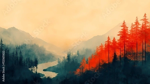 Obraz Surreal Japanese fantasy scene with torii gates and spirit mists, ideal for mythological visuals and folklore-based concept designs.