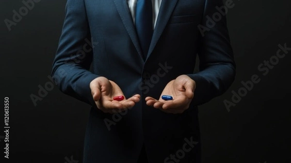 Fototapeta A person clad in a formal suit stands poised, holding the classic red and blue pill choice, symbolizing a decisive moment filled with weight and contemplation.