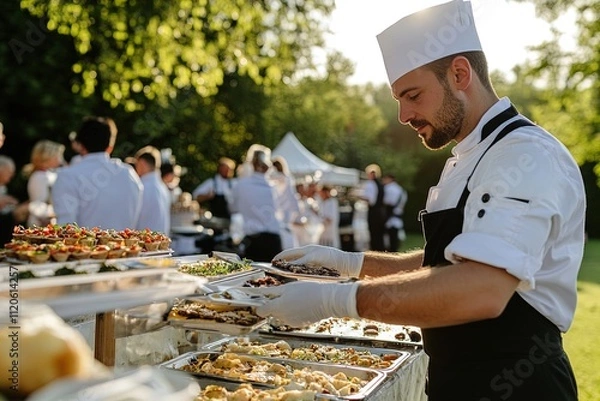 Fototapeta Outdoor catering event with chef preparing a gourmet spread at sunset in a garden setting