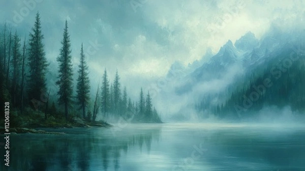 Obraz Misty lake reflecting pine trees and mountains