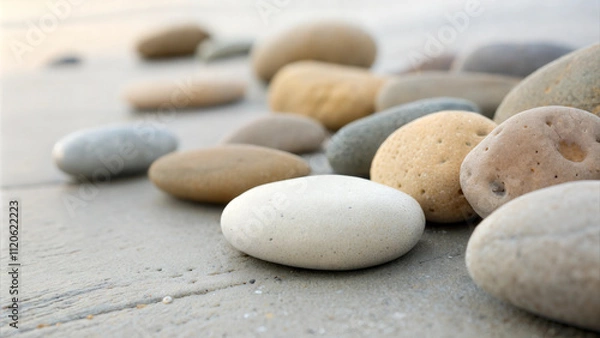 Fototapeta Pebbles scattered on the shore in muted grey, cream and light brown tones, evoking the simplicity and balance of river stones