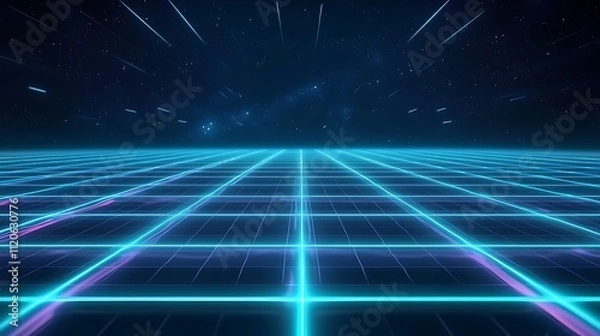 Fototapeta Futuristic digital wave grid with neon blue lines over dark background