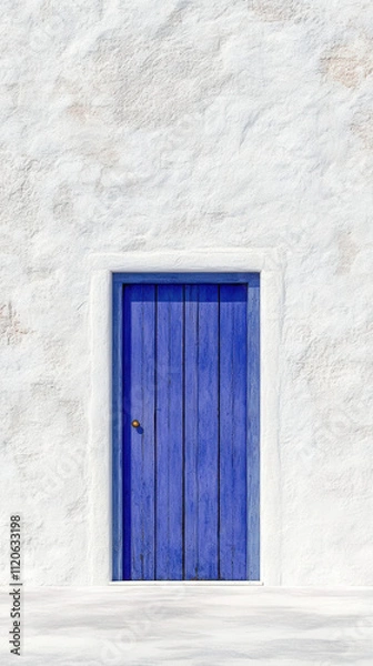 Fototapeta Greek Blue Door on White Wall in Minimalist Style