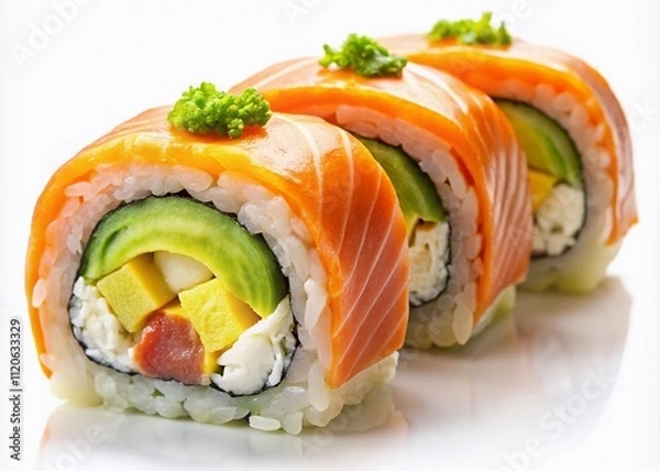 Fototapeta A captivating close-up showcases a sushi roll with salmon, avocado, and tamagoyaki filling, elegantly isolated on a white background, perfect for culinary presentation.