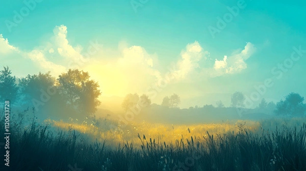 Fototapeta Serene sunrise over misty meadow with silhouetted trees and grassy field