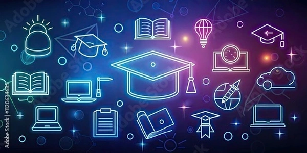 Obraz E-Learning Online Course Silhouette Icons: Education, Study, Knowledge, Training